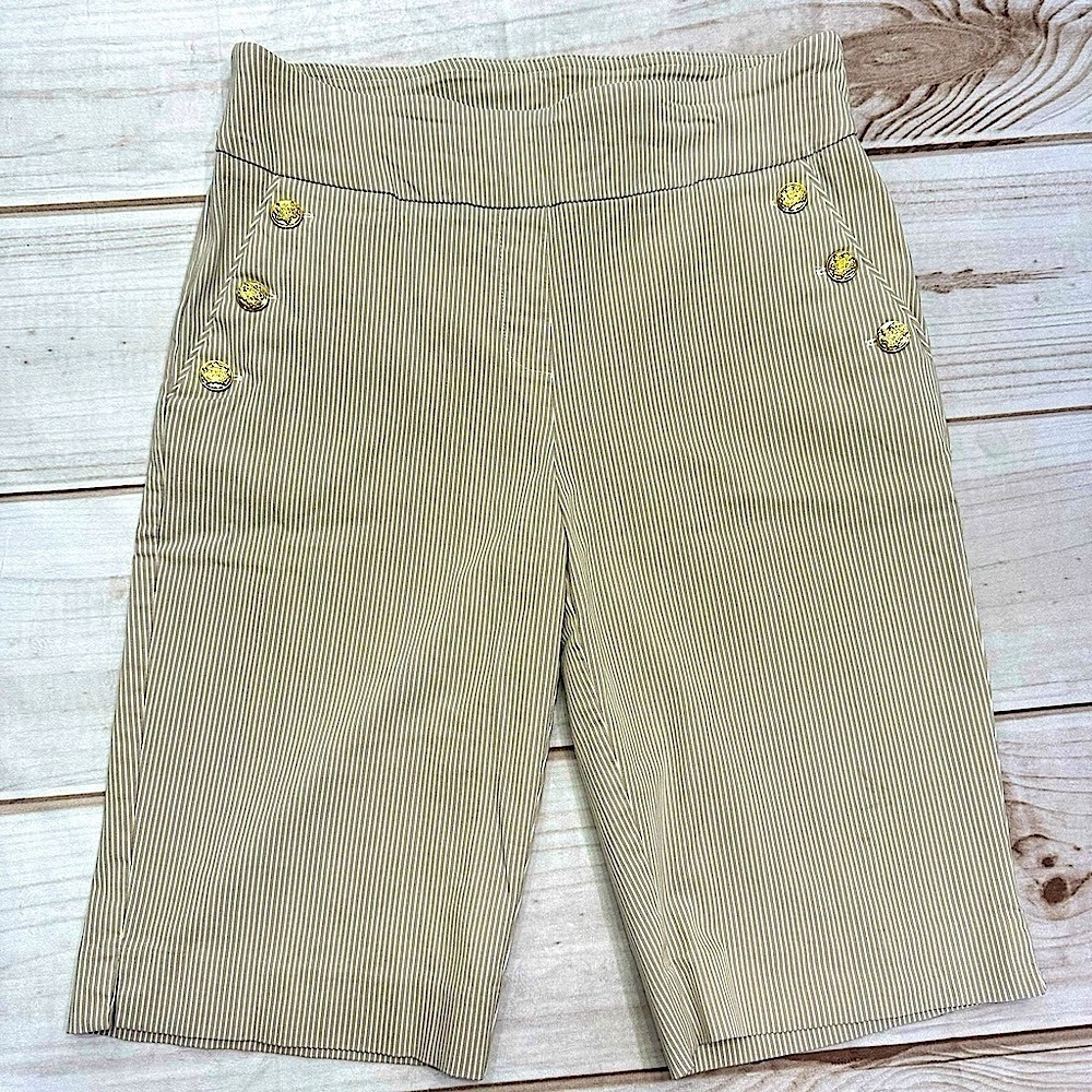 Liz Claiborne Tan & Ivory Pinstriped Sailor Button Detail Pull On Shorts Medium